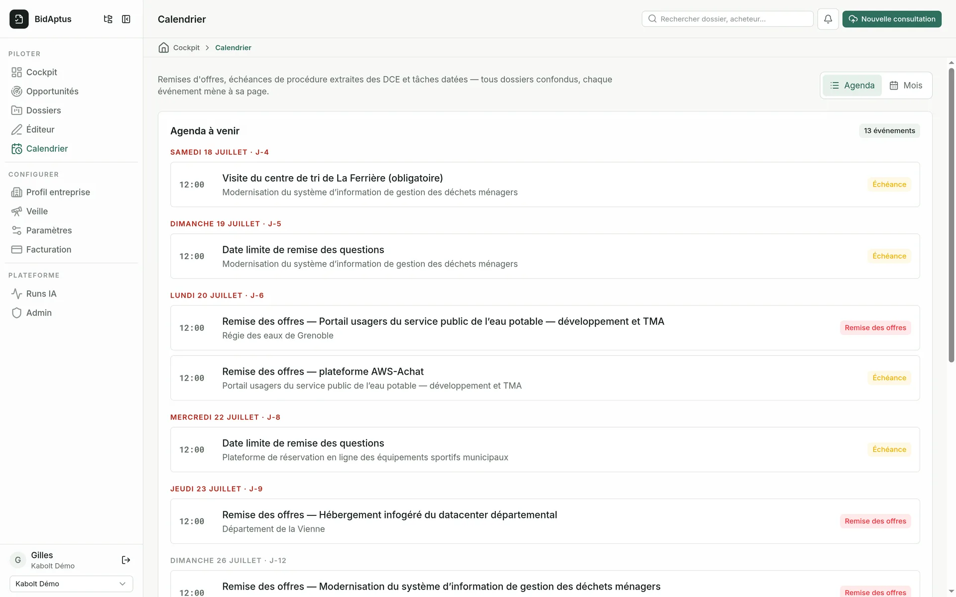 Le calendrier : échéances de tous les dossiers datées et reliées à leur source